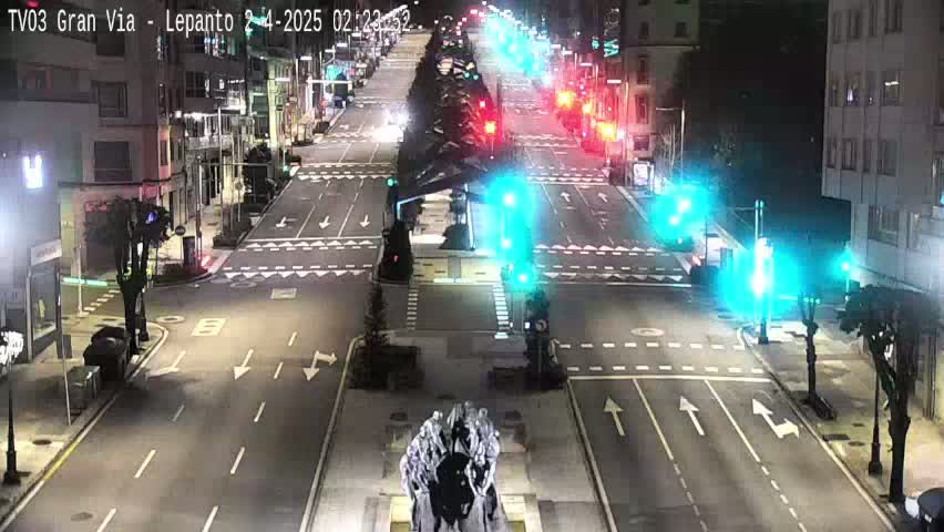 A nighttime, high-angle view of a mostly empty city street intersection with traffic lights, some vehicles, and buildings on either side.