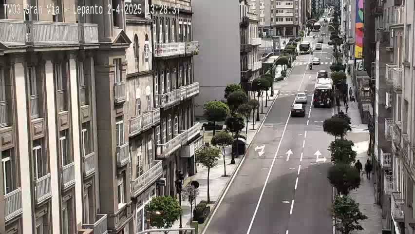A sunny city street lined with tall buildings, showing cars and buses driving on a road with trees and pedestrians on the sidewalk.