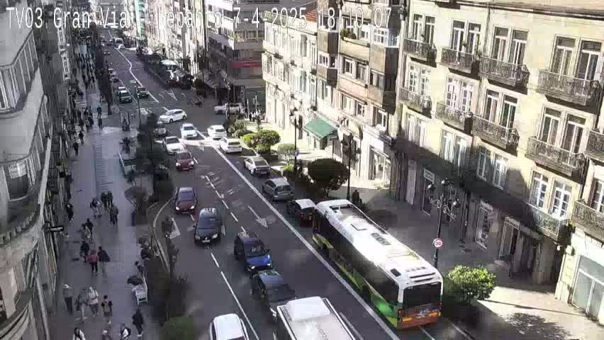 A sunny day view of a city street with pedestrians and cars, including a bus, moving along a multi-lane road lined with tall buildings.