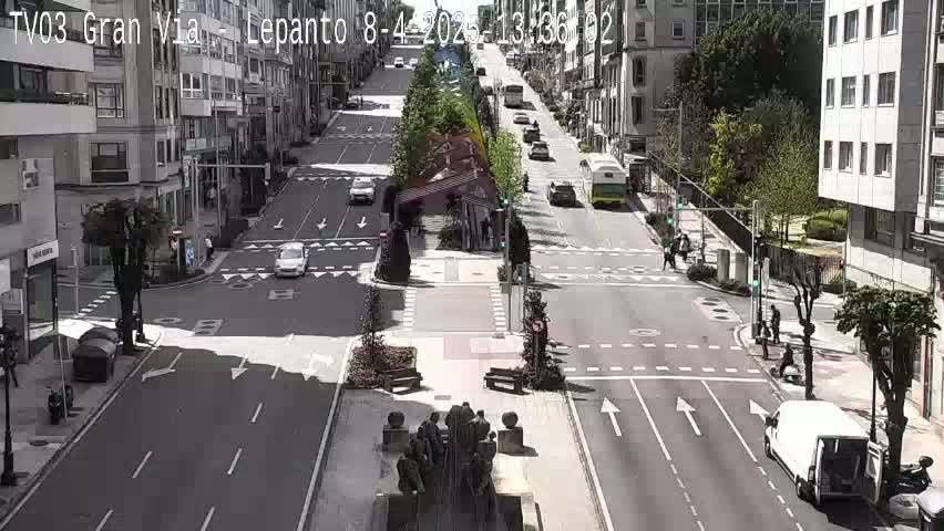 A sunny city street scene shows a multi-lane road intersection with several vehicles and pedestrians, along with buildings lining the street.