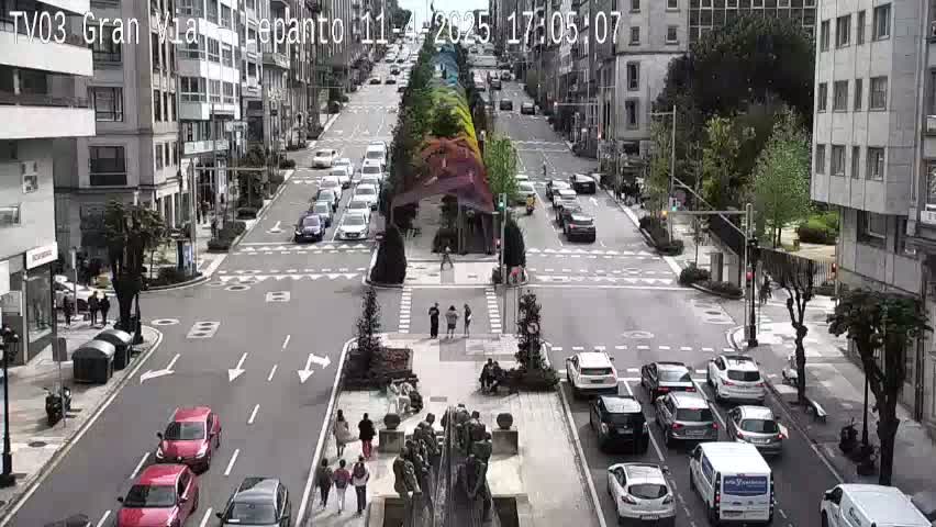 A city street scene with moderate traffic under partly cloudy skies, featuring a central monument and several pedestrians.