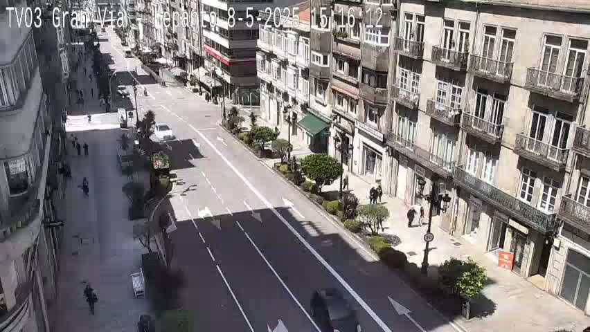 A sunny city street scene shows a wide roadway with sparse traffic and pedestrians walking along sidewalks lined with multi-story buildings.