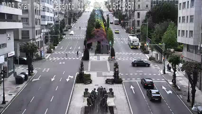 A city street scene on a partly cloudy day shows several cars and a bus navigating a multi-lane intersection, with a sculpture in the center of the street.