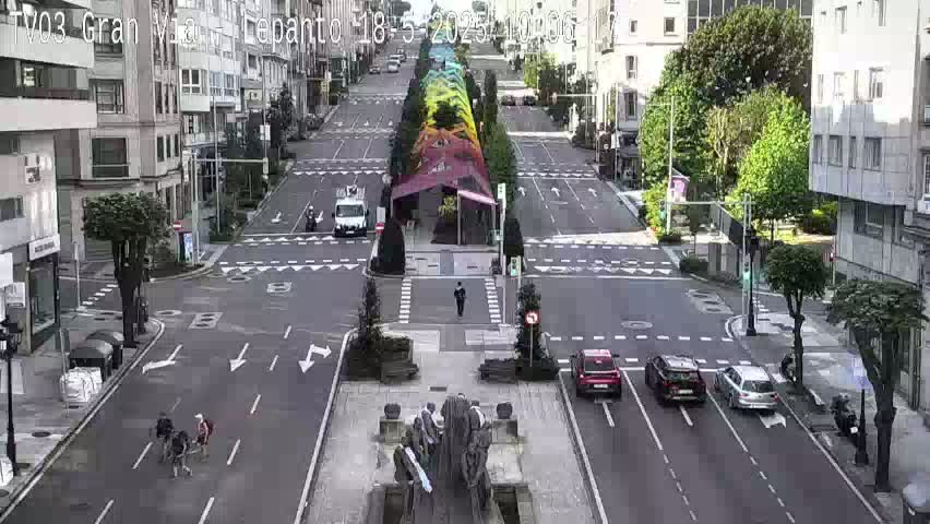 A city street scene with several cars and pedestrians, a colorful median strip, and buildings on either side, under sunny conditions.