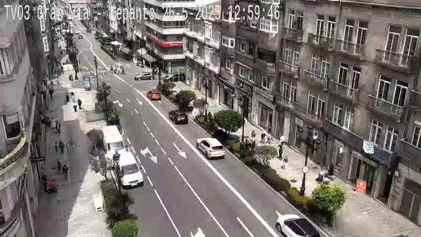 A city street scene shows several cars driving on a two-lane road lined with pedestrians and multi-story buildings on a partly sunny day.