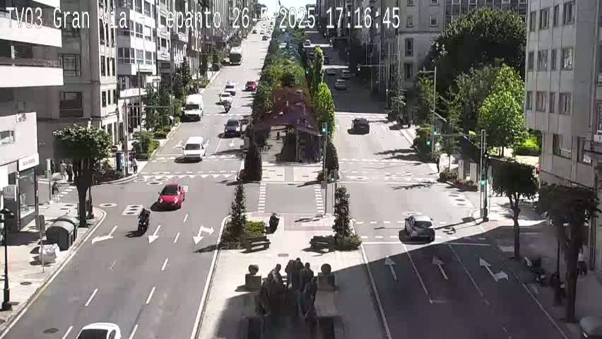 A sunny city street scene shows several cars and pedestrians at an intersection, with trees and buildings lining the streets.