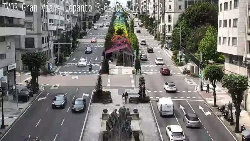 A city street scene on a sunny day shows multiple cars driving in both directions, with a central median featuring a statue and colorful landscaping.