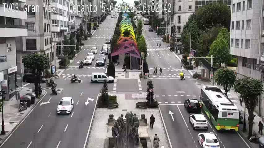A city street scene on a partly sunny day shows several vehicles, pedestrians, and a colorful canopy overhead, with a large fountain in the center of the street.