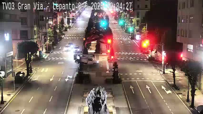 A nighttime view of a city street intersection with sparse traffic under streetlights.