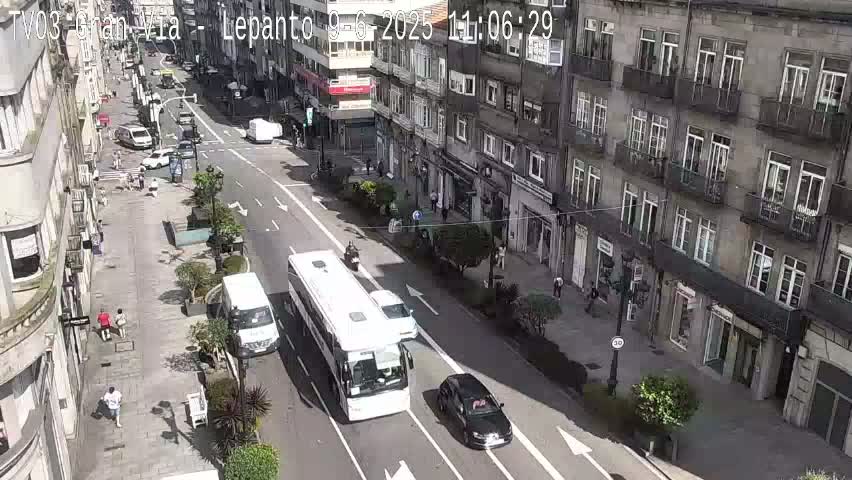 A sunny city street scene shows several vehicles including a bus and cars, pedestrians walking on sidewalks, and multi-story buildings lining the street.