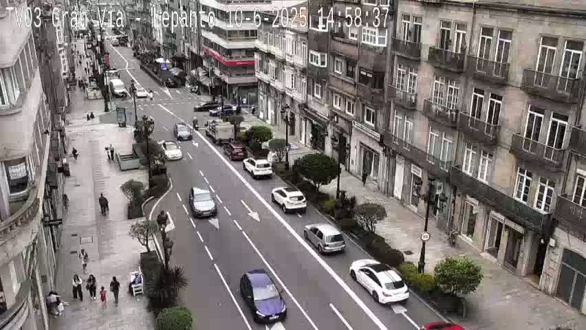 A city street with several cars driving on a roadway bordered by multi-story buildings and pedestrians walking on sidewalks.