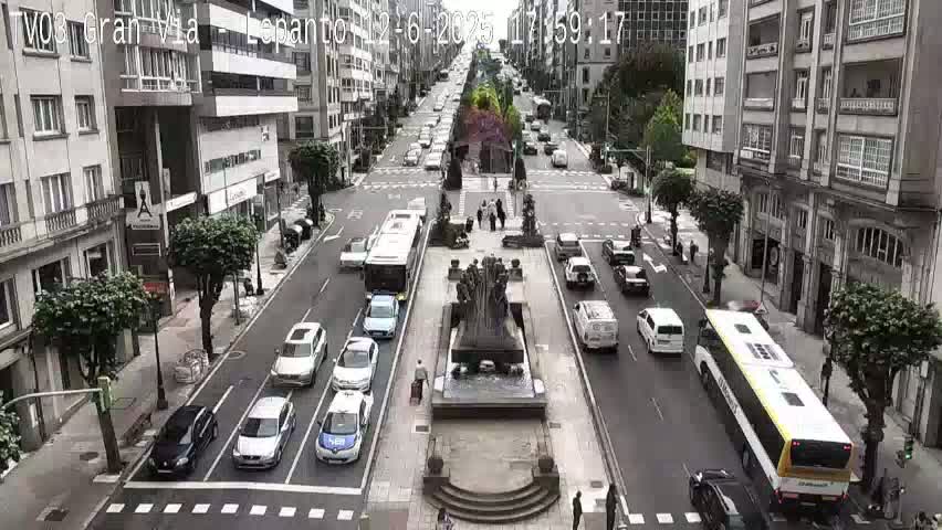 A wide city street with several cars and buses, a large fountain in the center, and tall buildings on either side under a mostly cloudy sky.