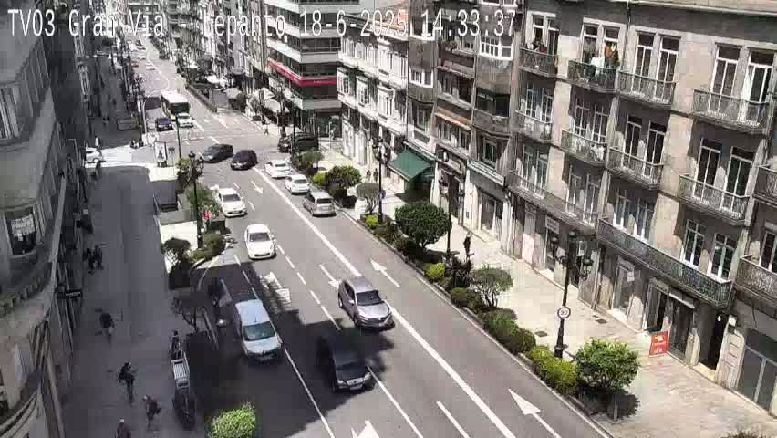 A sunny day view of a city street with several cars driving on a multi-lane road lined with multi-story buildings and some pedestrians walking on the sidewalk.
