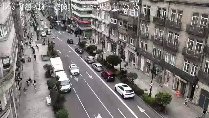 A street scene showing a road with cars and pedestrians, flanked by multi-story buildings, under a clear sky.