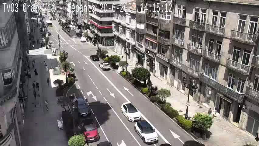 A sunny city street scene shows several cars driving along a multi-lane road lined with tall buildings, and pedestrians walking on sidewalks.
