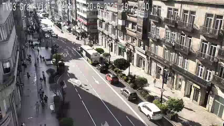 A sunny city street scene shows a multi-lane road with cars, a bus, and pedestrians walking on sidewalks lined with buildings.