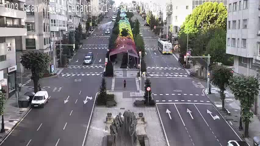 A city street intersection with several vehicles, a pedestrian, and a colorful canopy structure, under a partly sunny sky.
