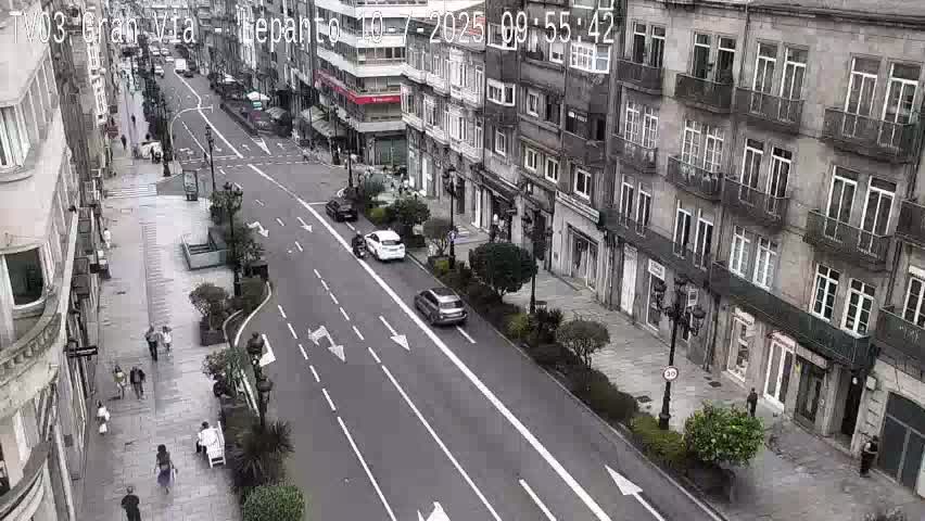 A mostly overcast day shows a street scene with several cars driving on a multi-lane road, pedestrians walking on sidewalks alongside multi-story buildings.