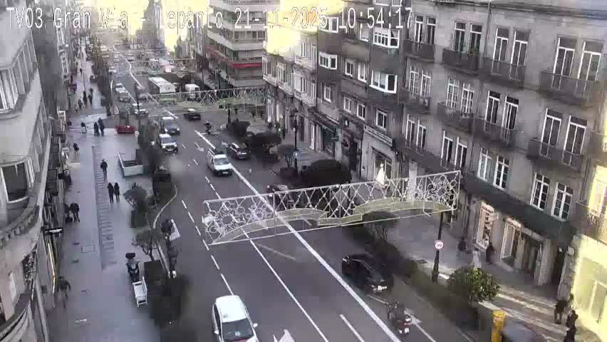 A bright, sunny daytime overhead view captures a busy city street with traffic, pedestrians, and multi-story buildings adorned with decorative overhead structures.