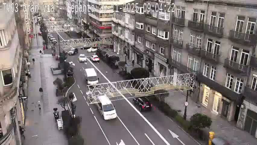 An overhead view captures a bustling city street, lined with multi-story buildings and adorned with decorative overhead light structures, featuring vehicles on the wet road and pedestrians on the sidewalks, all under cloudy skies suggesting recent rain.
