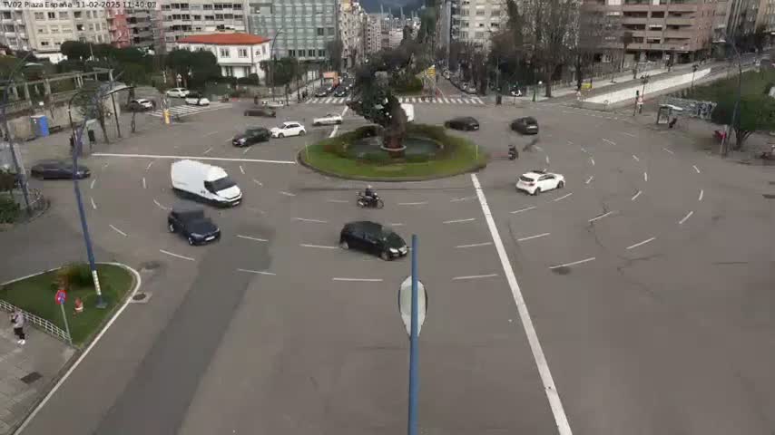A roundabout with several cars and motorcyclists navigating it under a mostly clear sky.
