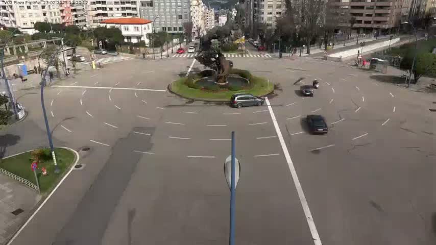 A roundabout with a sculpture in the center, surrounded by a few cars and pedestrians, on a sunny day.