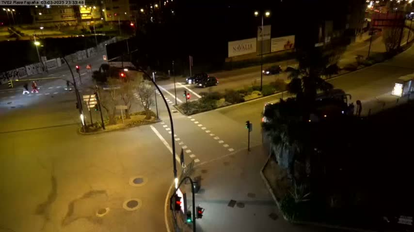 An aerial nighttime view of a road intersection with several vehicles and pedestrians, illuminated by streetlights.
