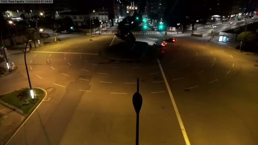 A nighttime, high-angle view of a mostly empty roundabout with a few cars and buildings visible in the distance under artificial light.