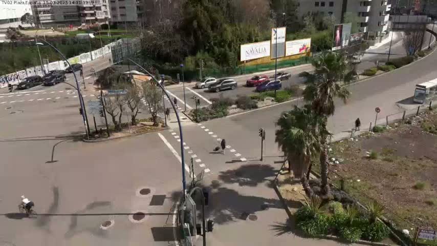 A high-angle view of a sunny city intersection with several cars, pedestrians, and palm trees, showing a mostly empty lot adjacent to the road.