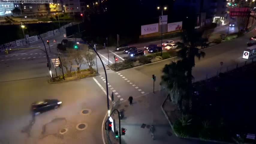 A nighttime aerial view shows a multi-lane intersection with several cars and pedestrians, under clear skies.