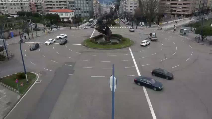 A traffic circle with several cars navigating its lanes, under a partly cloudy sky.