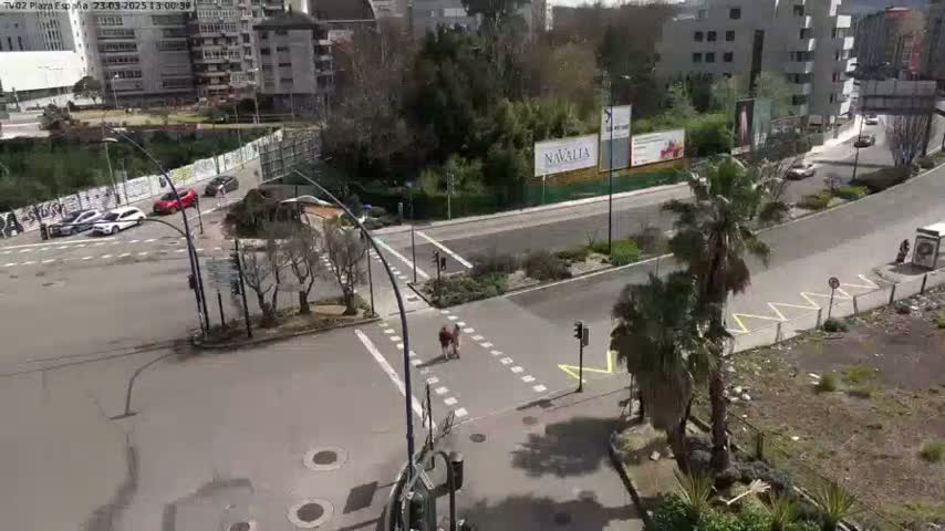 A sunny day overlooking a city intersection with several cars and pedestrians, and palm trees in the foreground.