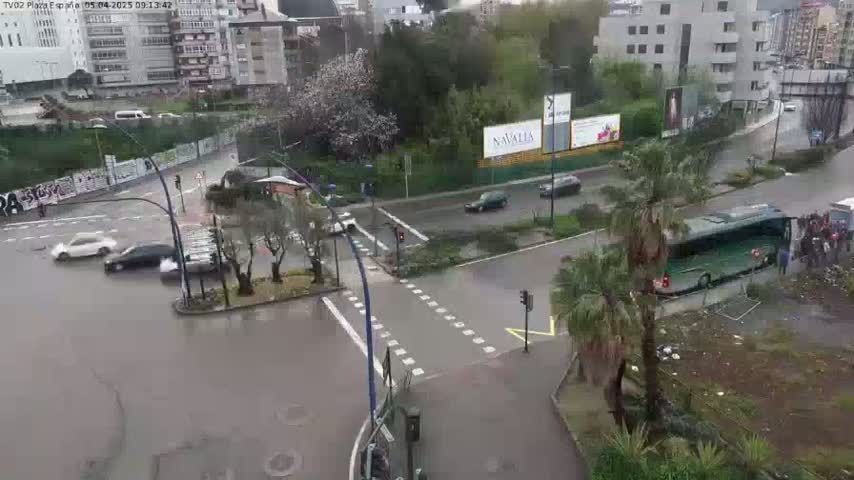 A rain-soaked city intersection shows several cars and a bus, with a group of people standing near the bus and some trees in the background.