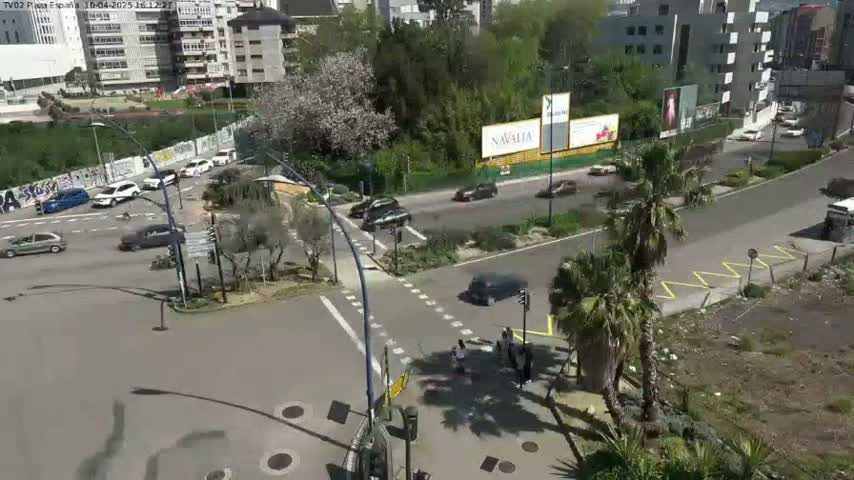 A high-angle view of a sunny city intersection with several cars and pedestrians, surrounded by buildings, trees, and palm trees.