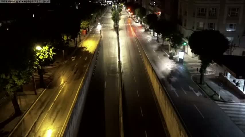 A wet, empty, multi-lane road at night is illuminated by streetlights, lined with trees and buildings.