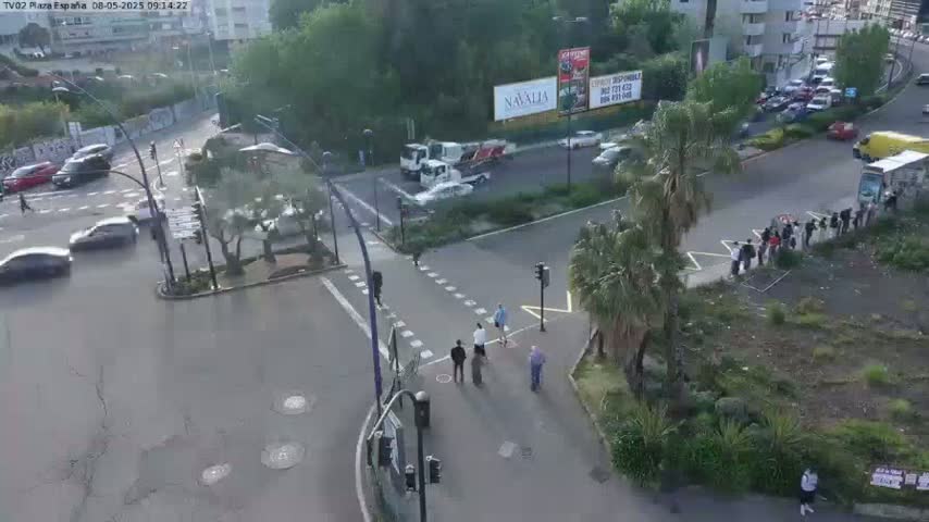 A high-angle view of a city intersection with several cars and pedestrians, under a mostly sunny sky.