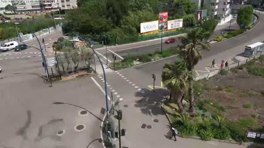 A high-angle view shows a sunny day at a roadway intersection with several pedestrians and vehicles, surrounded by palm trees and buildings.