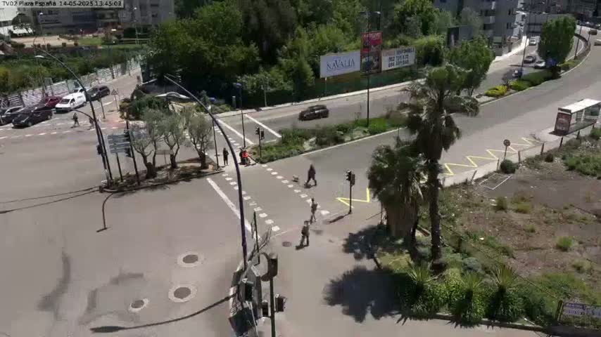 A sunny street intersection with pedestrians crossing, several cars parked along the road, and palm trees lining the roadside.