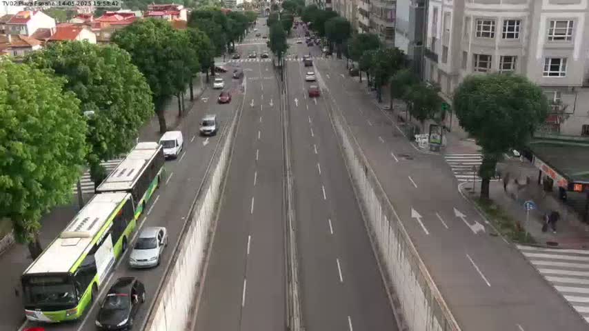 A high-angle view shows two long lanes of traffic, including cars, buses, and pedestrians, lined with trees and buildings on either side of a roadway on a partly cloudy day.