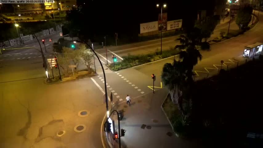 A nighttime aerial view shows a mostly empty road intersection with traffic lights and a few pedestrians, under artificial light.