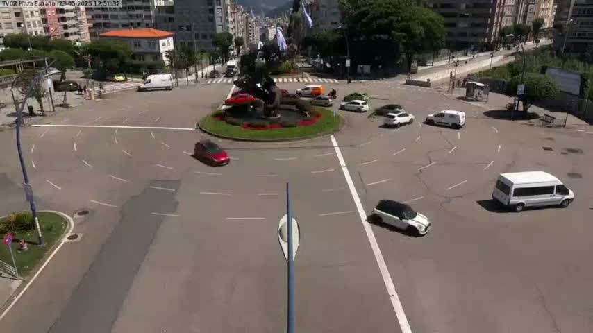 Several vehicles are navigating a roundabout and intersecting streets on a sunny day.