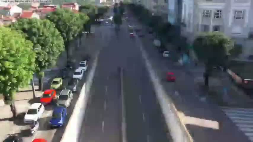 A sunny day reveals a multi-lane road with numerous cars, flanked by lush green trees and buildings.