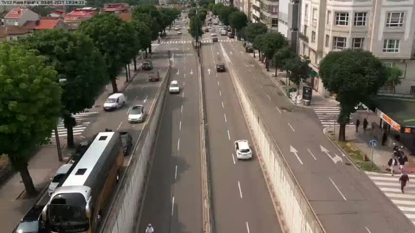 A high-angle view of a city street with several cars and a large bus, lined with trees on either side on a sunny day.