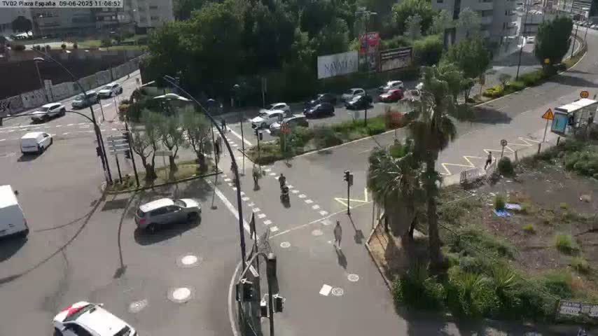 A high-angle view of a sunny city intersection with several cars and pedestrians, surrounded by green landscaping and buildings.