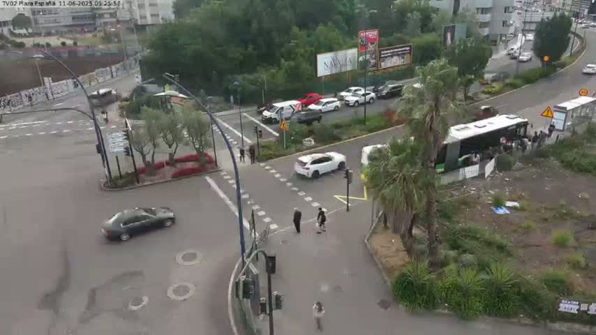 A high-angle, outdoor view shows a city intersection with several cars and a bus, some pedestrians, and surrounding greenery under partly cloudy skies.