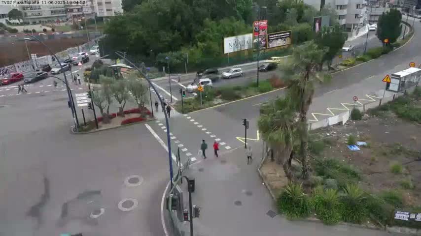 A high-angle view of a city intersection with several pedestrians and cars, under a mostly cloudy sky.
