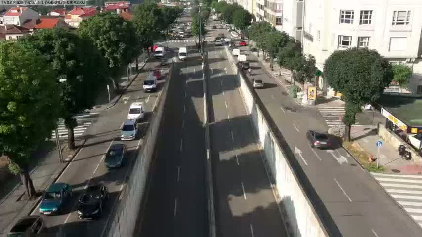 A sunny day reveals a highway divided by a low wall, with multiple cars driving in both directions, surrounded by residential buildings and lush green trees.