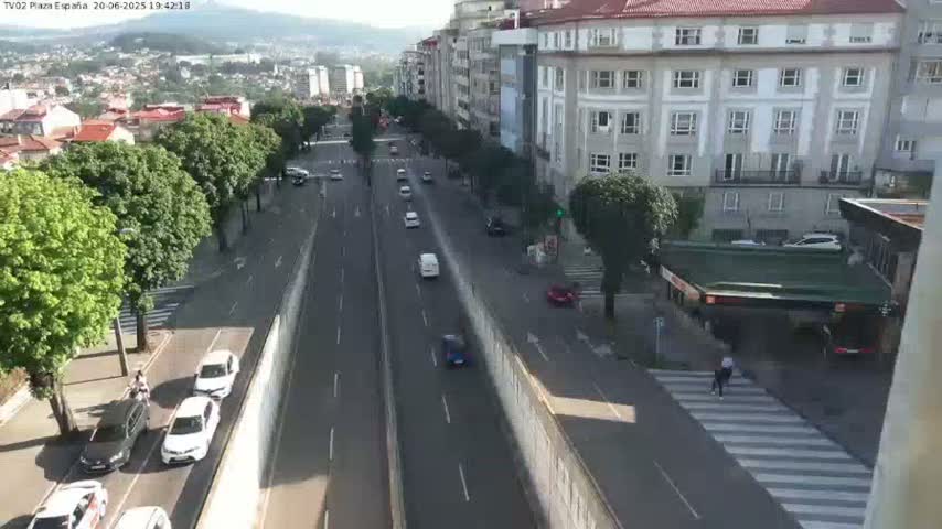 A sunny day reveals a multi-lane road with moderate traffic, flanked by buildings, trees, and pedestrians, with a bike lane running alongside.