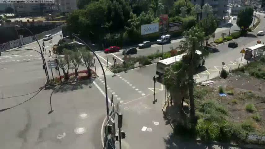 A sunny overhead view of a city intersection with several cars and a bus, surrounded by green vegetation and buildings.