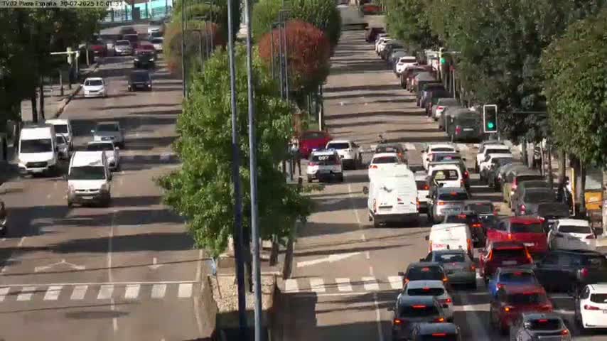 A sunny day shows numerous cars driving in both directions down a tree-lined city street.